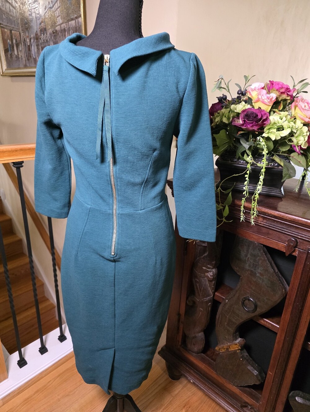 Boden Textured Teal Green Portrait Collar Midi Sheath Dress Gold Back Zip 3/4 6 - Picture 3 of 13